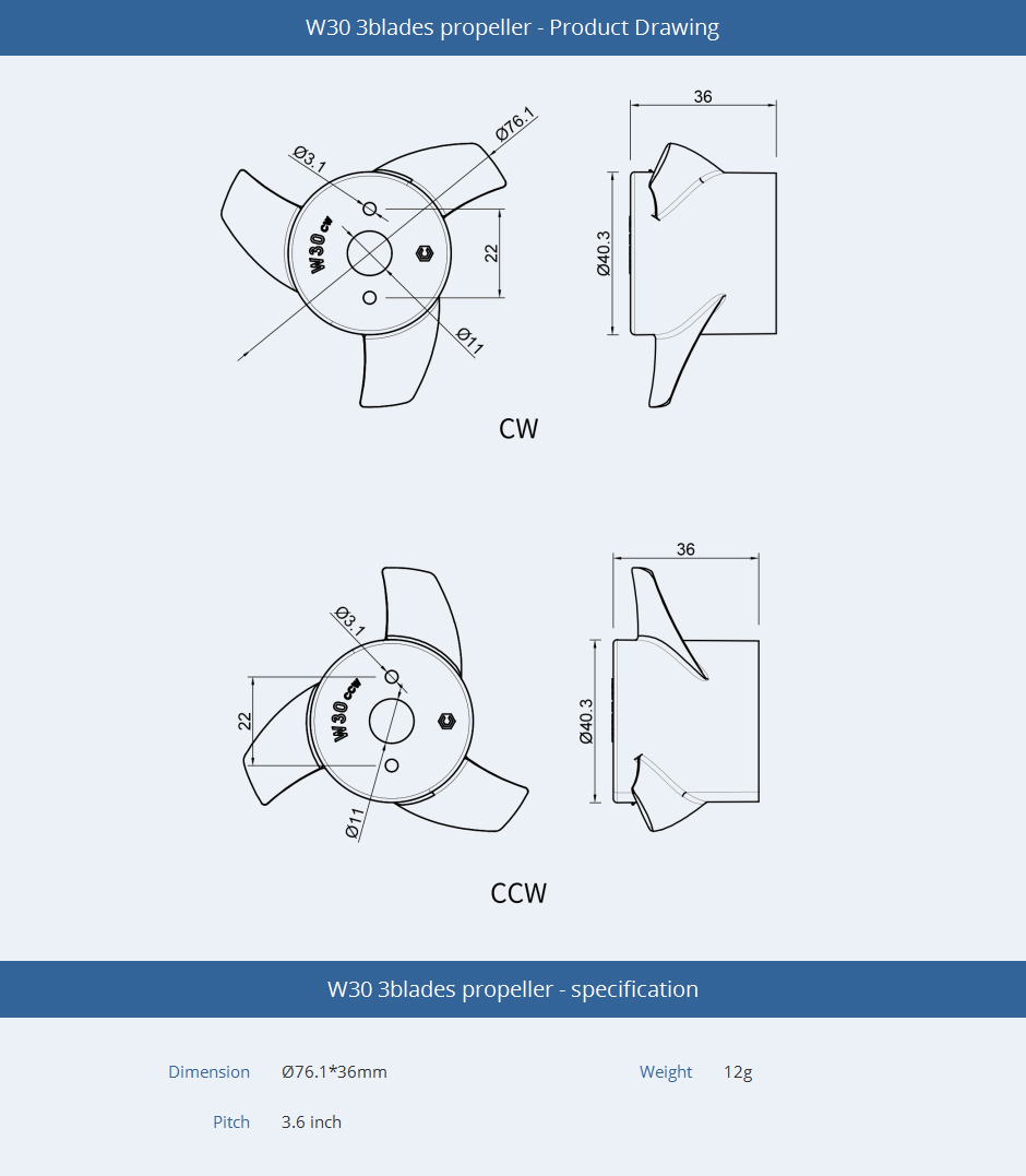 W30 3blades propeller- Product Drawing