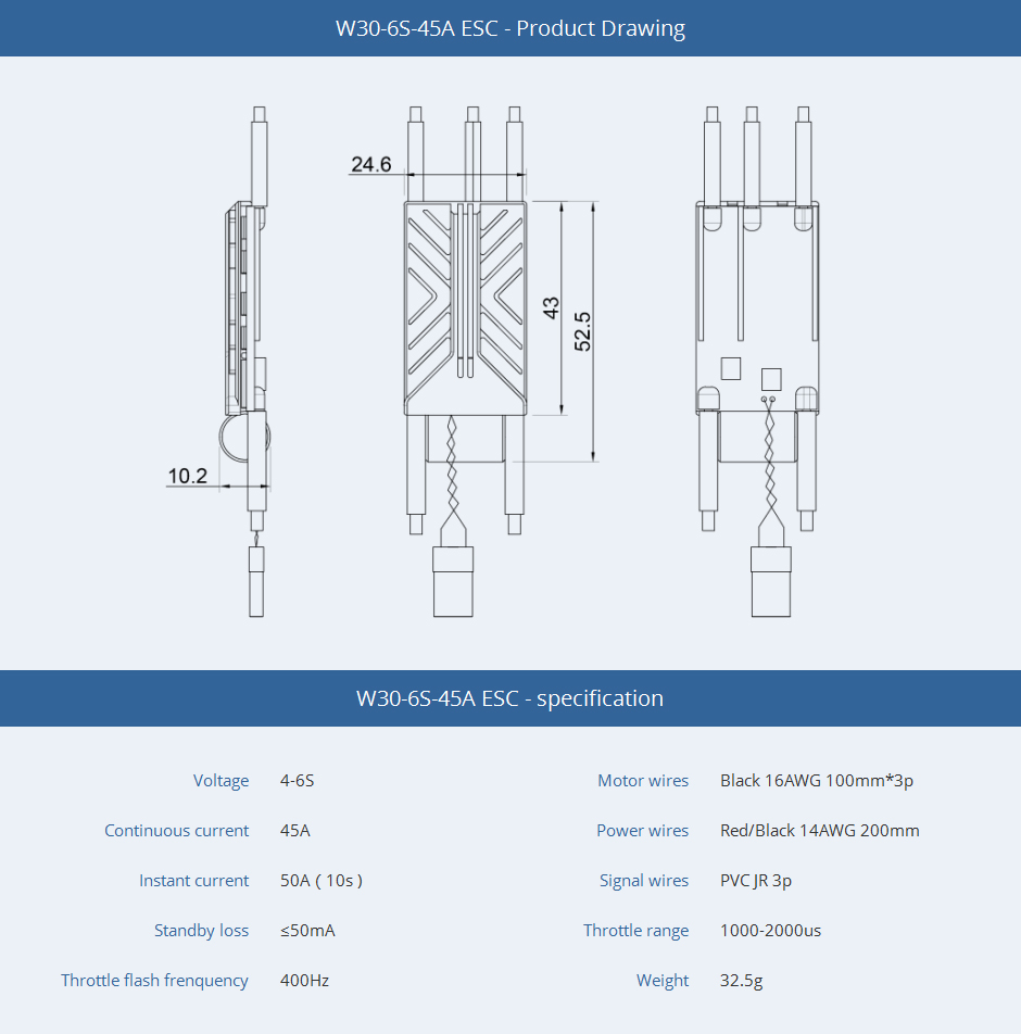 W30-6S-45A ESC-Product Drawing